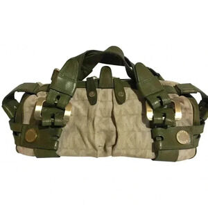Michael Kors beige canvas/ green leather satchel handbag